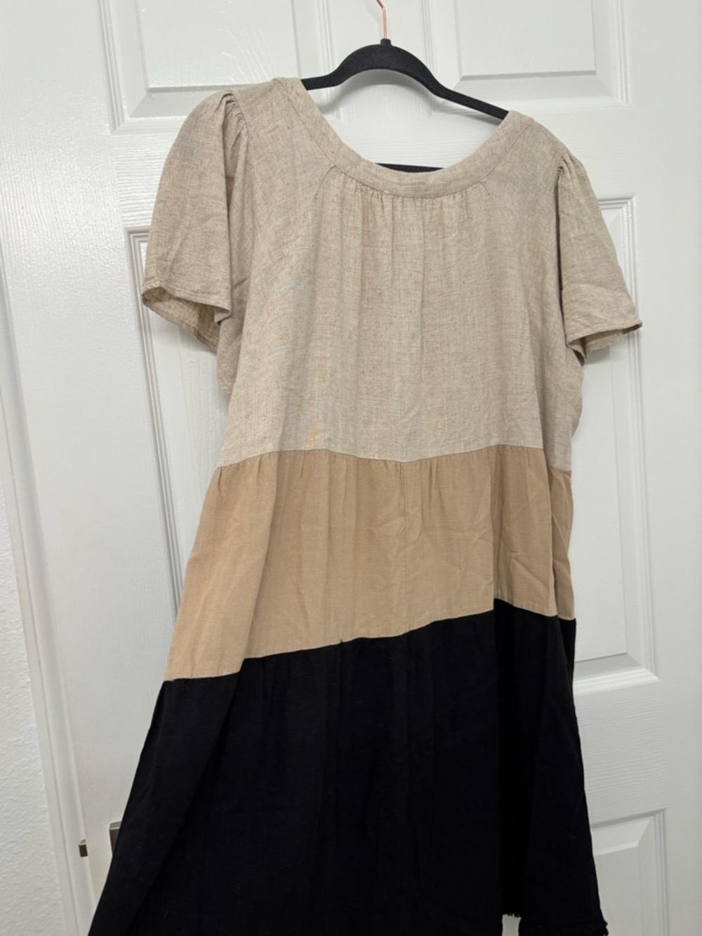 Umgee Colorblock Scoop Neck Short Sleeve Tunic Dress - Beige/Khaki/Black 1XL - Picture 4 of 5
